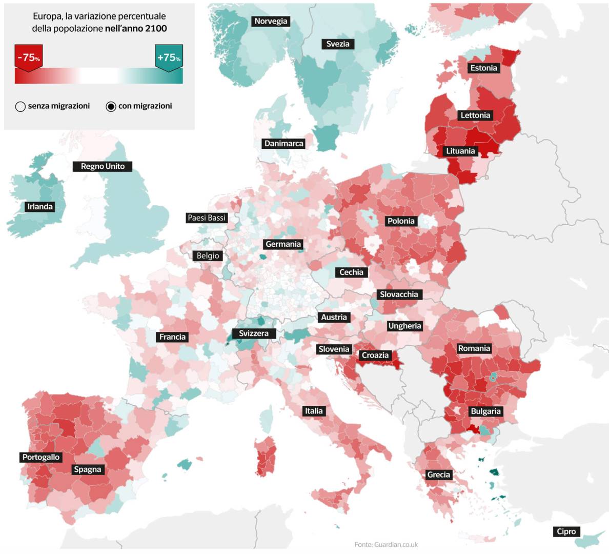 Прогноз демографии в Евросоюзе к 2100 году с миграцией