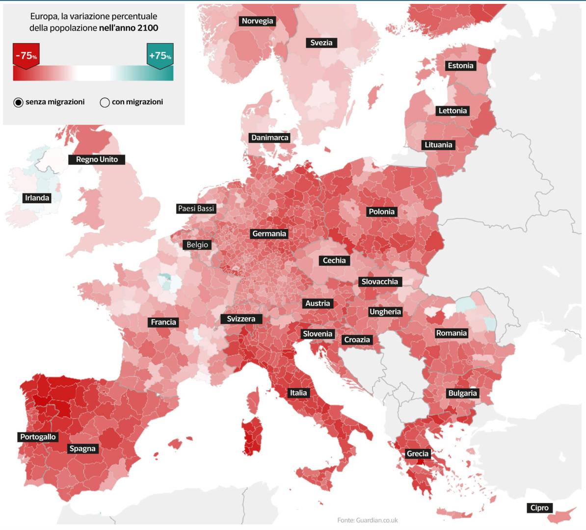 Прогноз демографии в Евросоюзе к 2100 году с «нулевой» миграцией